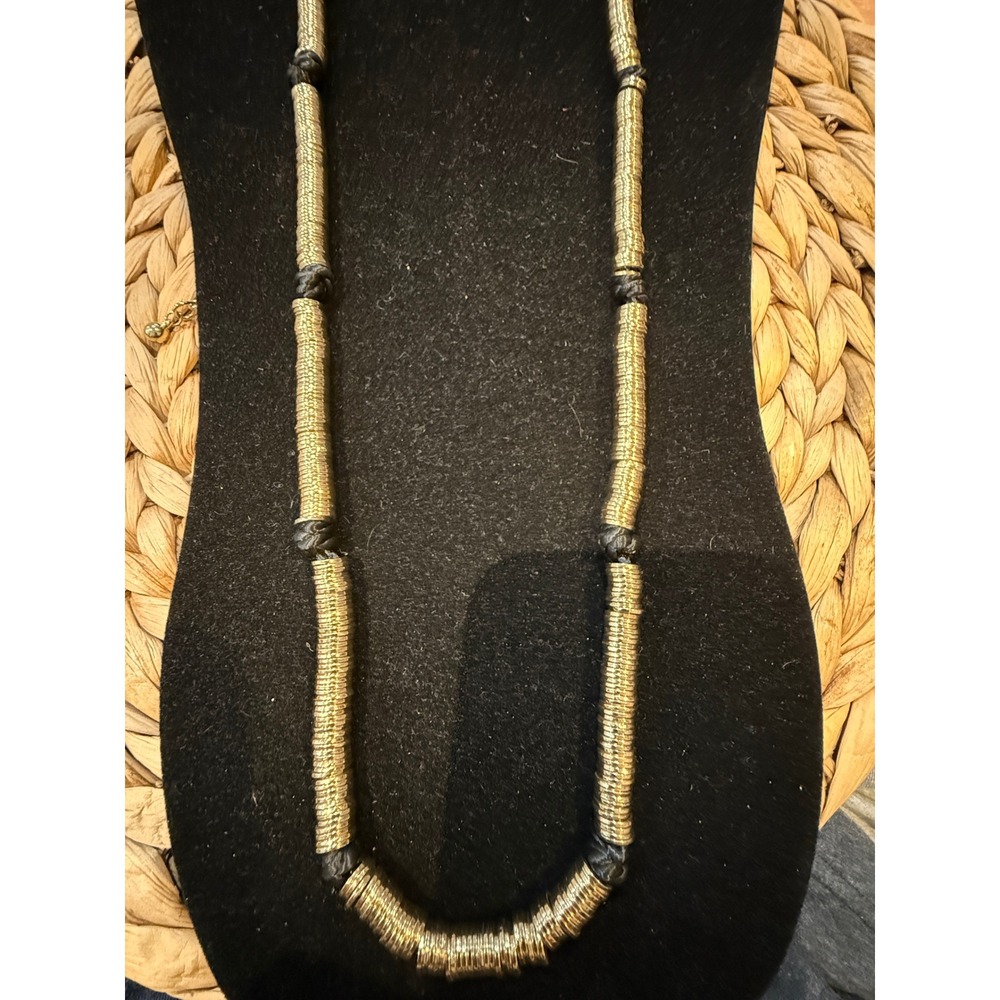 Chicos Gold Tone Disc Knotted Cord Statement Necklace Black Braided Adjustable - Picture 2 of 6